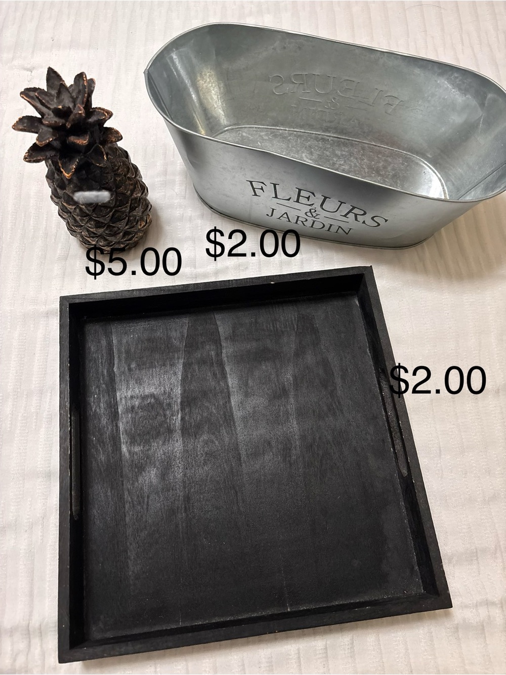 Black Square Wooden Tray; pineapple decor; metal bucket
